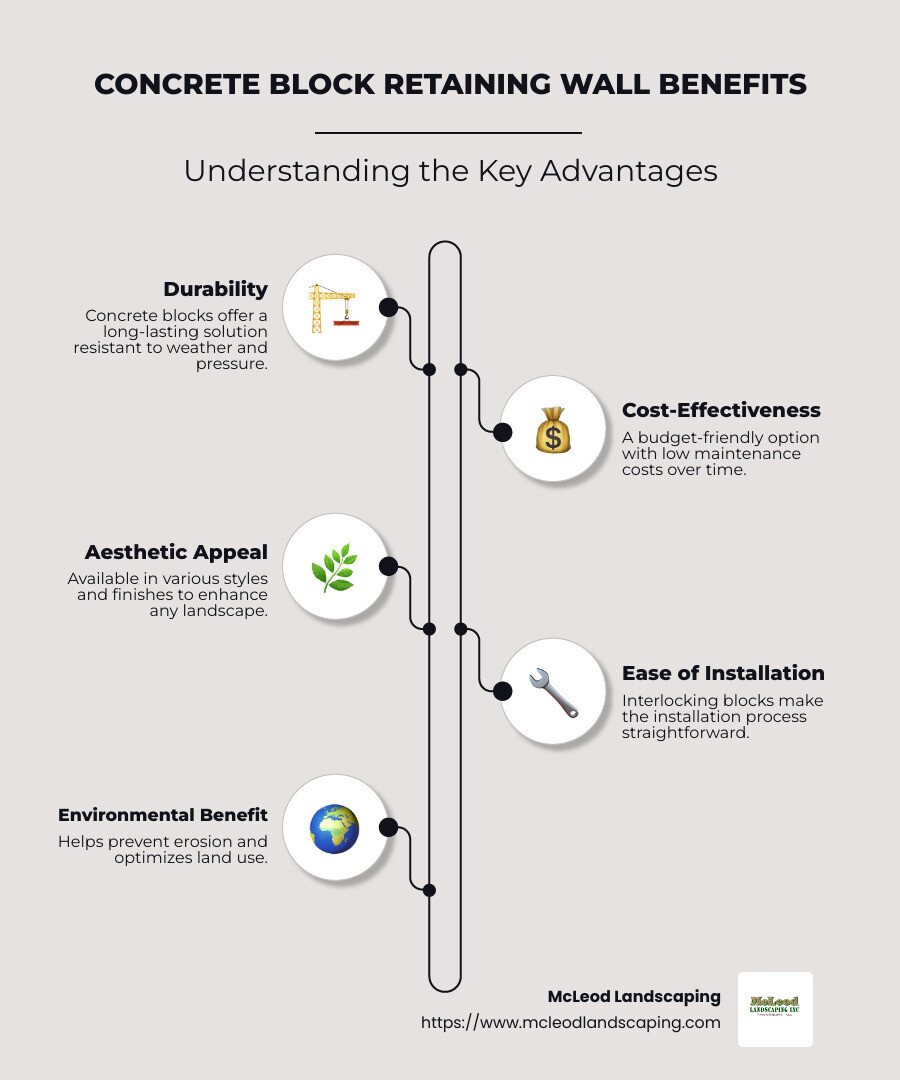 Infographic detailing the primary uses, materials, and benefits of concrete block retaining walls - concrete block retaining wall infographic infographic-line-5-steps-neat_beige