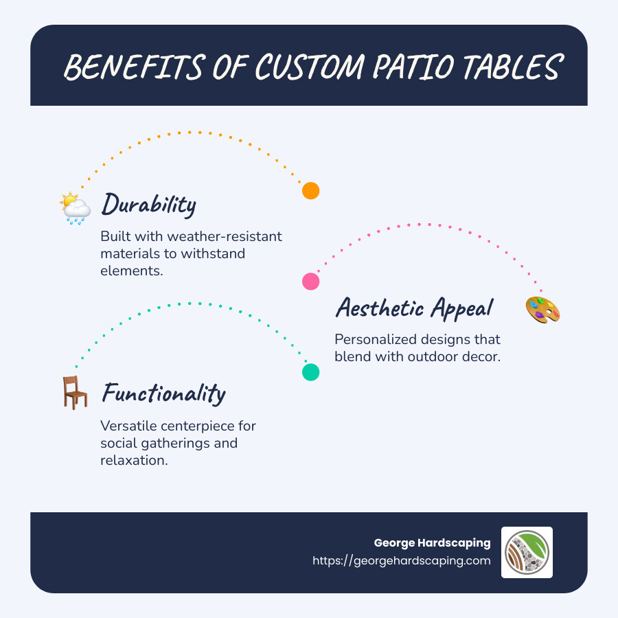 Infographic showing the benefits of custom patio tables: durability, aesthetics, functionality, and weather resistance - custom patio table infographic infographic-line-3-steps-blues-accent_colors