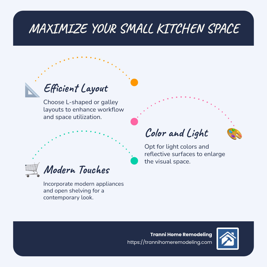 infographic on maximizing space in small kitchens - modern small kitchen ideas infographic infographic-line-3-steps-blues-accent_colors