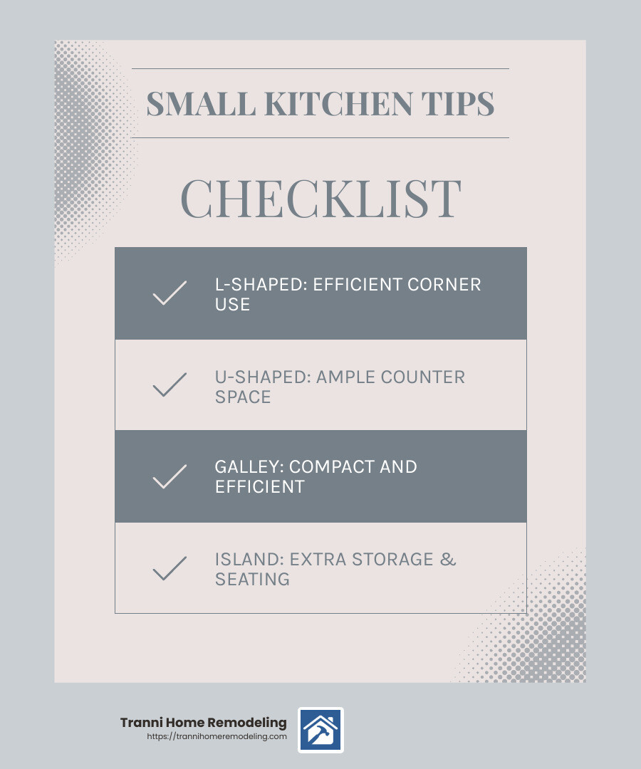 Efficient kitchen work triangle - modern small kitchen ideas infographic checklist-light-blue-grey
