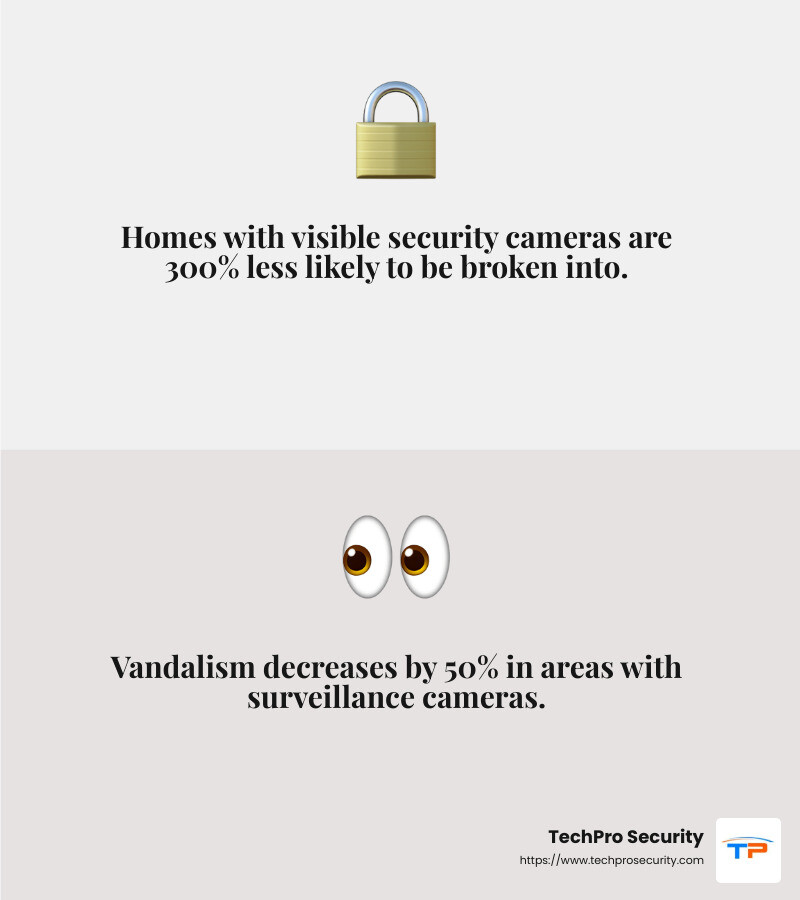 Research shows that visible security systems reduce the likelihood of crime. - home security cameras miami infographic 2_facts_emoji_grey