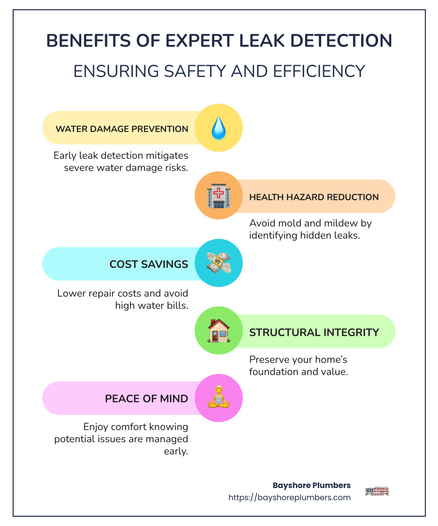 infographic of common leak detection techniques and benefits - expert leak detection services infographic infographic-line-5-steps-colors