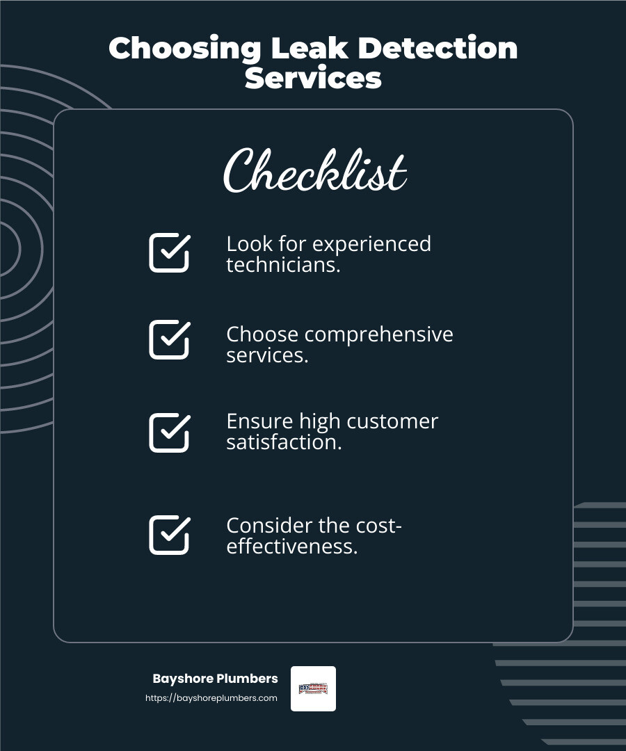 Customer satisfaction is key in selecting a leak detection service - expert leak detection services infographic checklist-dark-blue