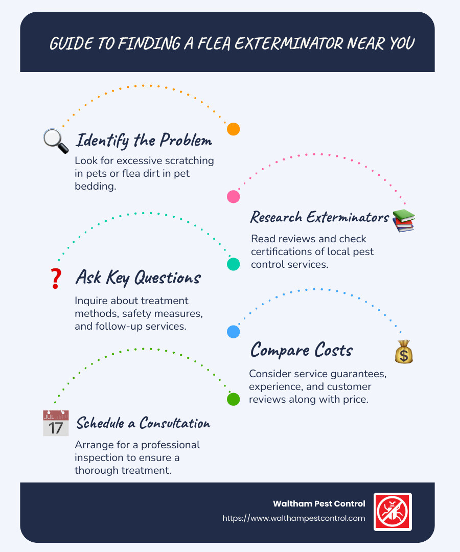 Guide to Finding a Flea Exterminator Near You Infographic: Step-by-Step Process for Identifying and Choosing Pest Control Services, Emphasizing Local Expertise, Quick Solutions, and Health Safety Measures. - flea exterminator near me infographic infographic-line-5-steps-blues-accent_colors Guide to Finding a Flea Exterminator Near You Infographic: Step-by-Step Process for Identifying and Choosing Pest Control Services, Emphasizing Local Expertise, Quick Solutions, and Health Safety Measures. - flea exterminator near me infographic infographic-line-5-steps-blues-accent_colors