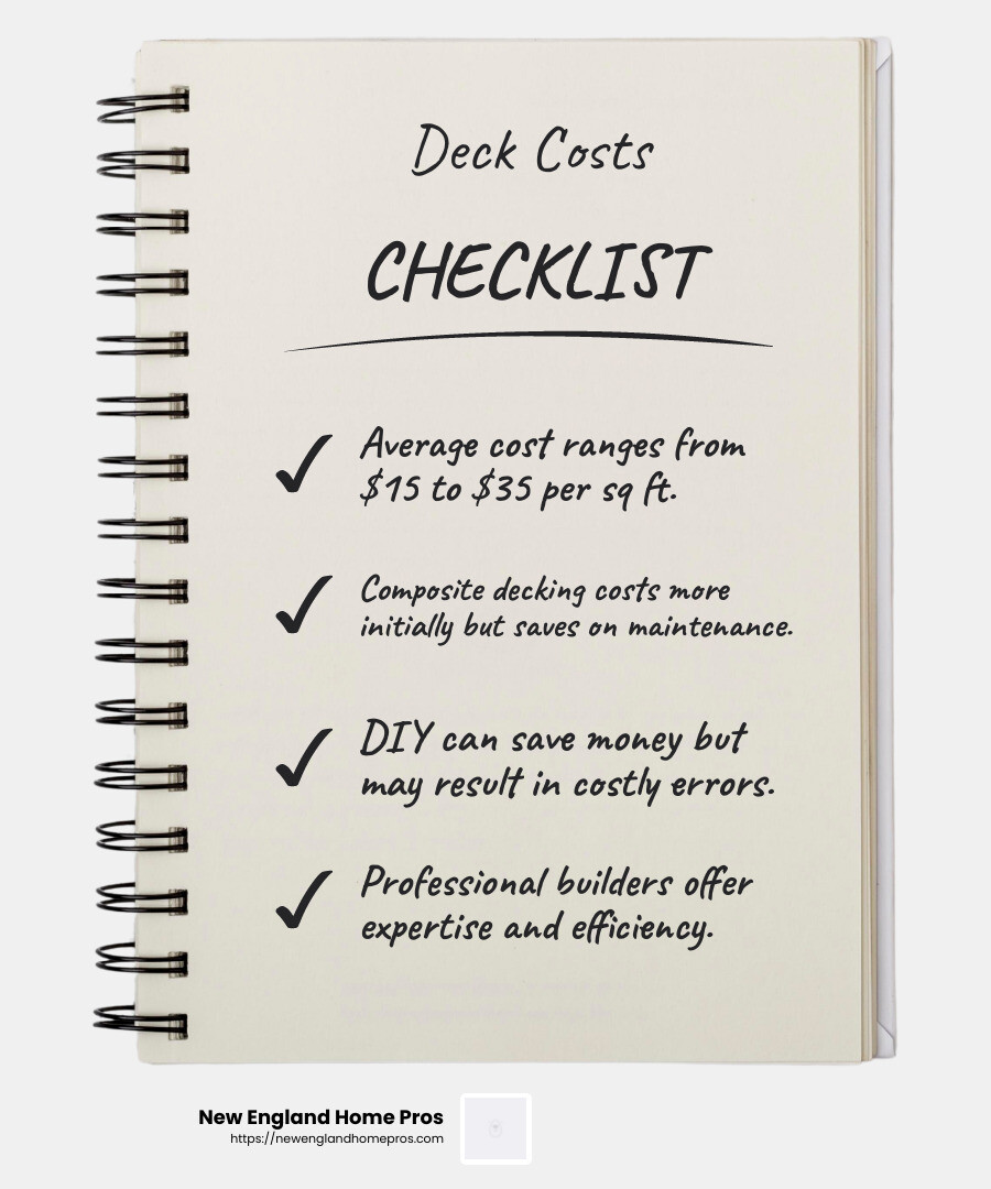 Average cost breakdown of custom deck building - custom deck building infographic checklist-notebook