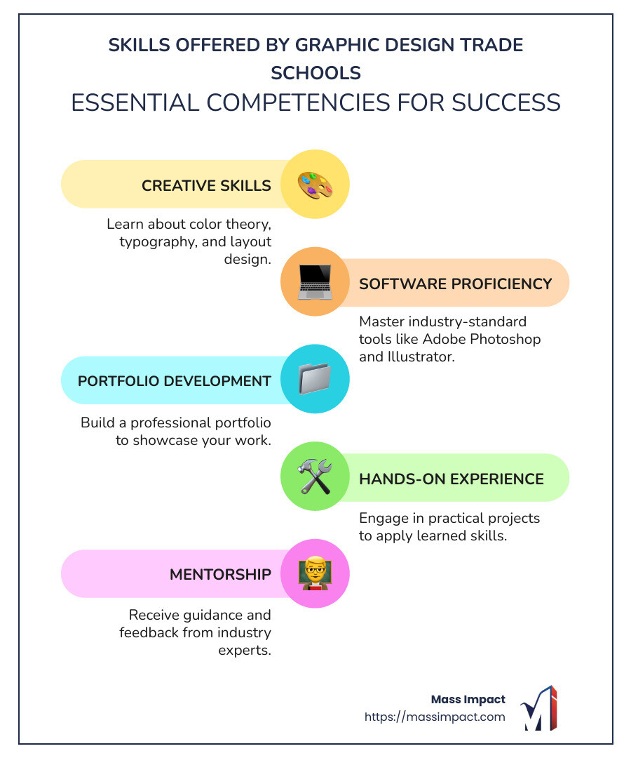 infographic detailing various graphic design trade schools and the skills they offer, including creative skills like color theory and technical skills like software proficiency, with a visual of a color palette, computer icons for software, and graduates with portfolios - graphic design trade schools infographic infographic-line-5-steps-colors