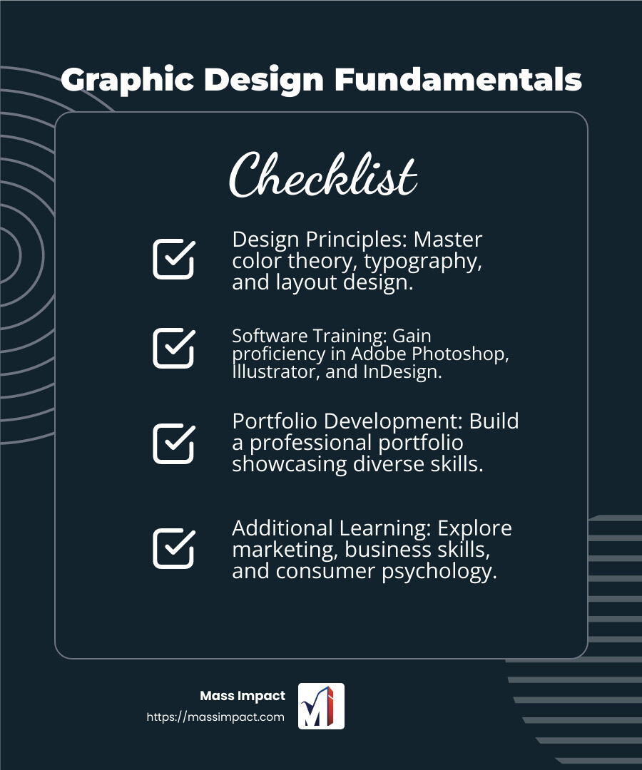 Graphic design trade schools offer a variety of degree options and program lengths, focusing on both technical skills and design principles. - graphic design trade schools infographic checklist-dark-blue