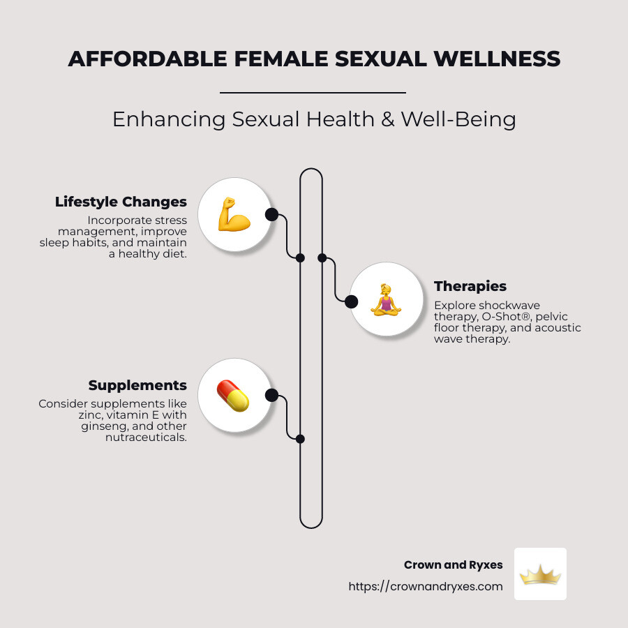 Infographic showing different affordable treatment options for female sexual wellness including lifestyle, therapies, and supplements - affordable female sexual wellness treatments infographic infographic-line-3-steps-neat_beige