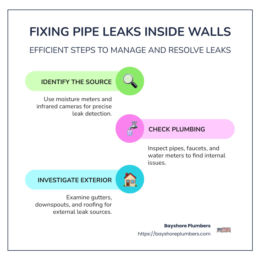 Pipe Dreams: Fixing Leaks Inside Your Walls infographic of fixing pipe leaks inside walls - fix pipe leak inside wall infographic infographic-line-3-steps-colors