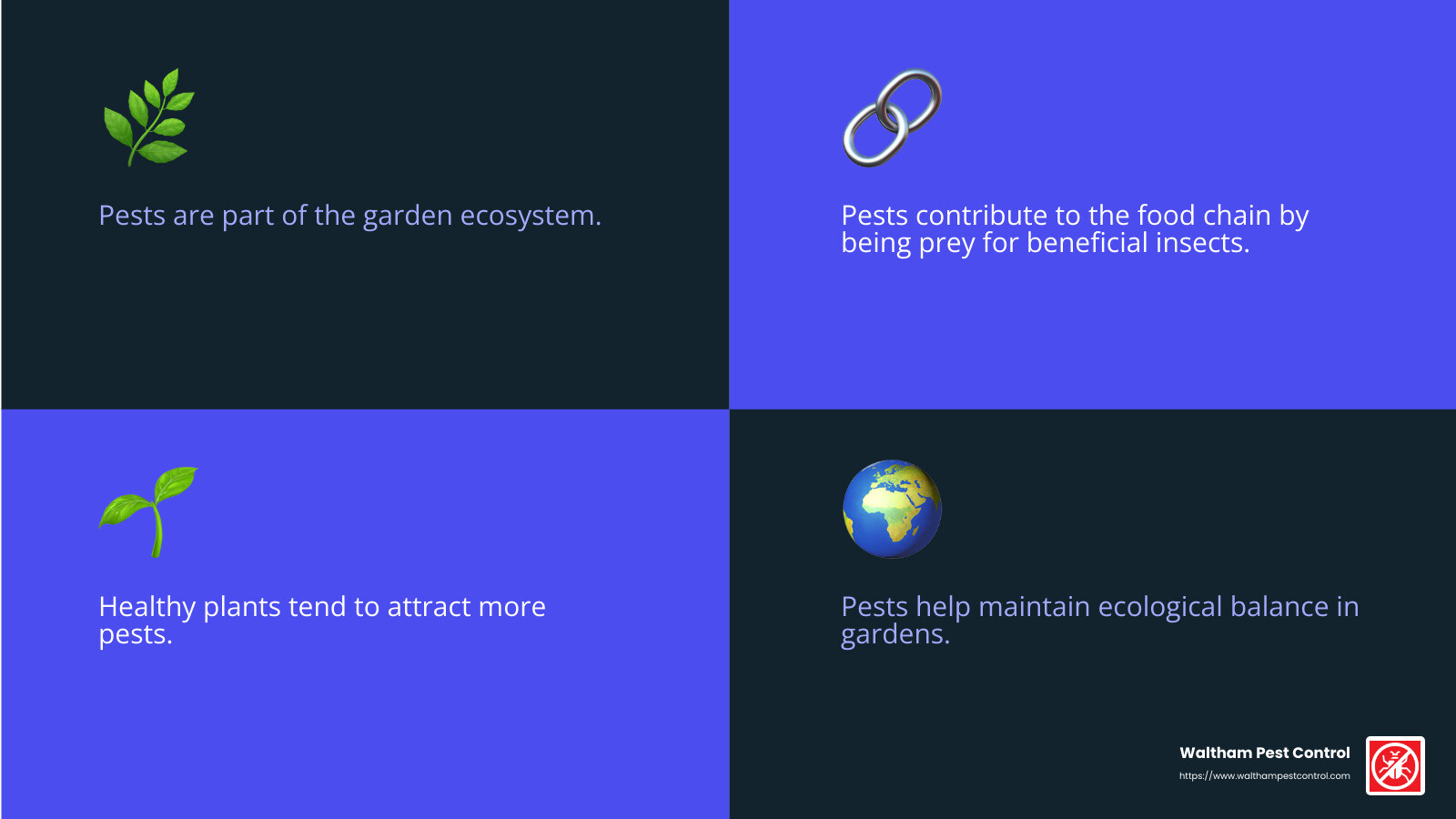 Pests are part of the natural cycle in gardens - Pest control for gardens infographic 4_facts_emoji_blue