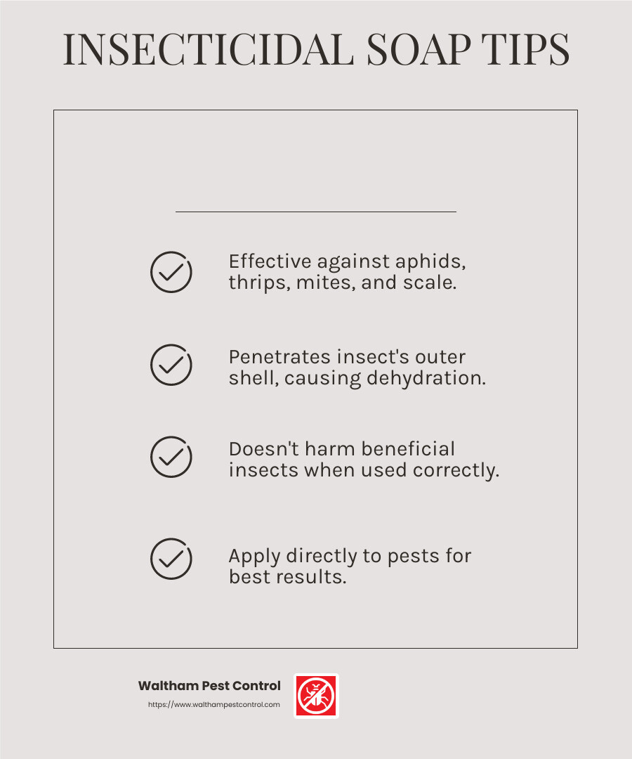 Insecticidal soap is effective against pests like aphids and mites without harming beneficial insects. - Pest control for gardens infographic checklist-light-beige