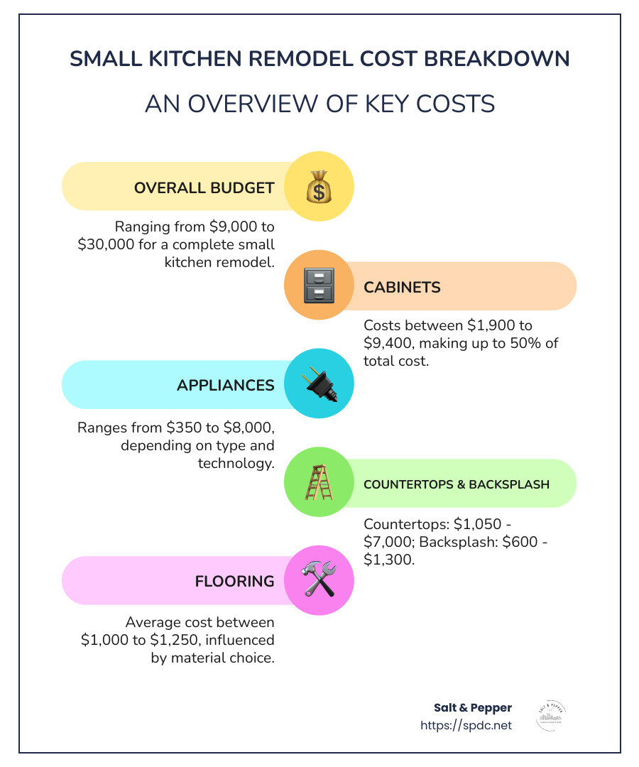 Infographic showing cost range for small kitchen remodel: $9,000 to $30,000 including breakdown for cabinets, appliances, and flooring - how much does a small kitchen remodel cost infographic infographic-line-5-steps-colors