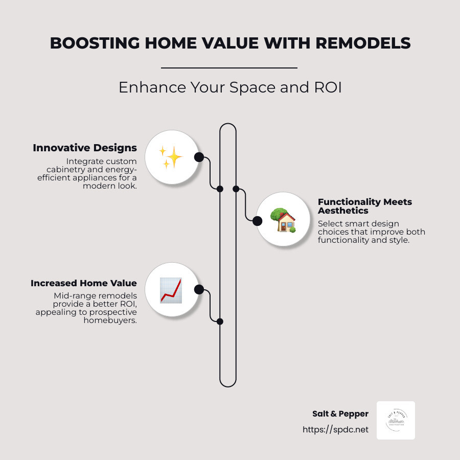 Infographic about how kitchen and bath remodel increases home value including the percentage of return on investment - kitchen and bath remodel infographic infographic-line-3-steps-neat_beige