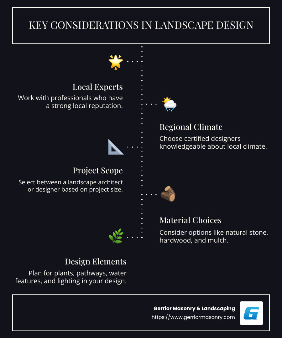 Key considerations in landscape design - landscaping design near me infographic infographic-line-5-steps-dark