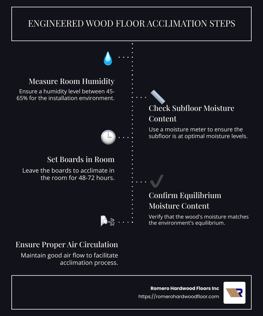 Infographic showing the acclimation process with steps: 1. Measure Room Humidity 2. Check Subfloor Moisture Content 3. Set Boards in Room for 48-72 hours 4. Confirm Equilibrium Moisture Content - engineered wood floor acclimation infographic infographic-line-5-steps-dark