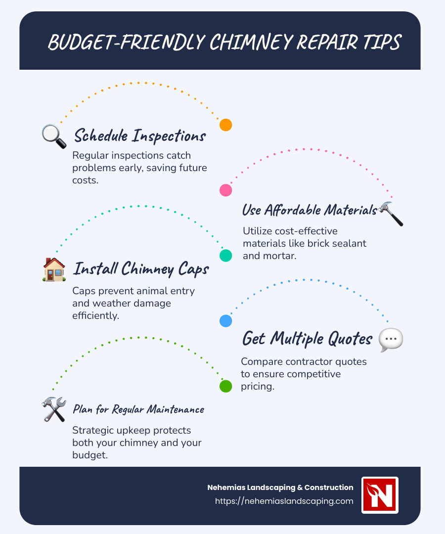 Affordable chimney repair infographic listing quick, budget-friendly solutions including regular inspections, using cost-effective materials, installing chimney caps, and getting multiple contractor quotes. - affordable chimney repair infographic infographic-line-5-steps-blues-accent_colors