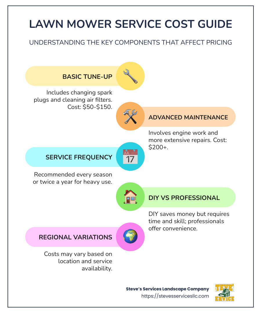 Infographic showing typical lawn mower service costs and maintenance tasks - how much does a lawn mower service cost infographic infographic-line-5-steps-colors