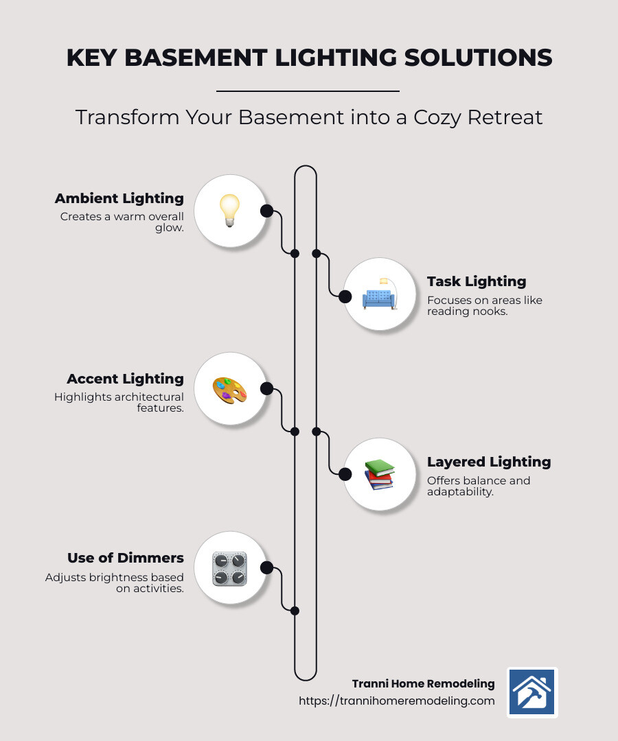 Infographic of basement lighting solutions showing ambient, task, and accent examples with bulb icons - Basement lighting solutions infographic infographic-line-5-steps-neat_beige