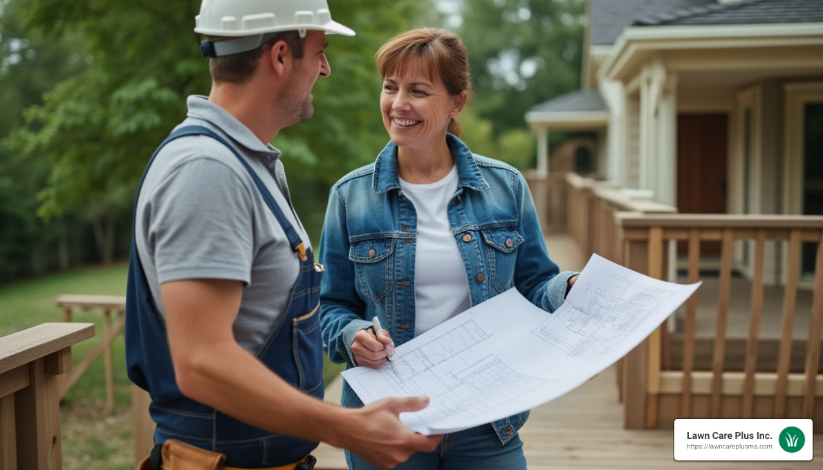 A contractor discussing deck plans with a homeowner - deck contractor near me