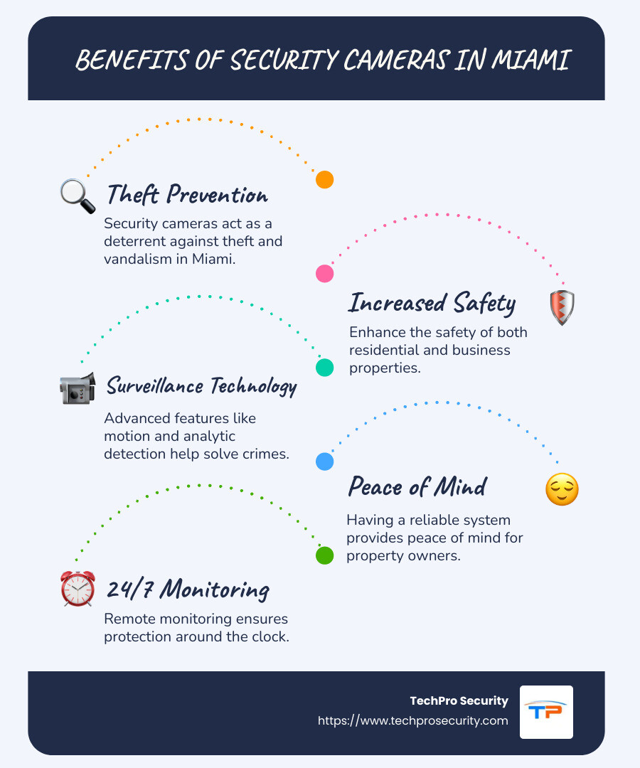 Infographic showing the key benefits of security cameras Miami including theft prevention, increased safety, and surveillance technology advancements - security cameras Miami infographic infographic-line-5-steps-blues-accent_colors