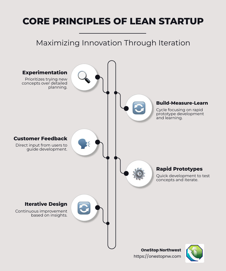 Infographic showing core principles of lean startup: experimentation, build-measure-learn cycle, focus on customer feedback, rapid prototypes, and iterative design - lean startup project management software infographic infographic-line-5-steps-neat_beige