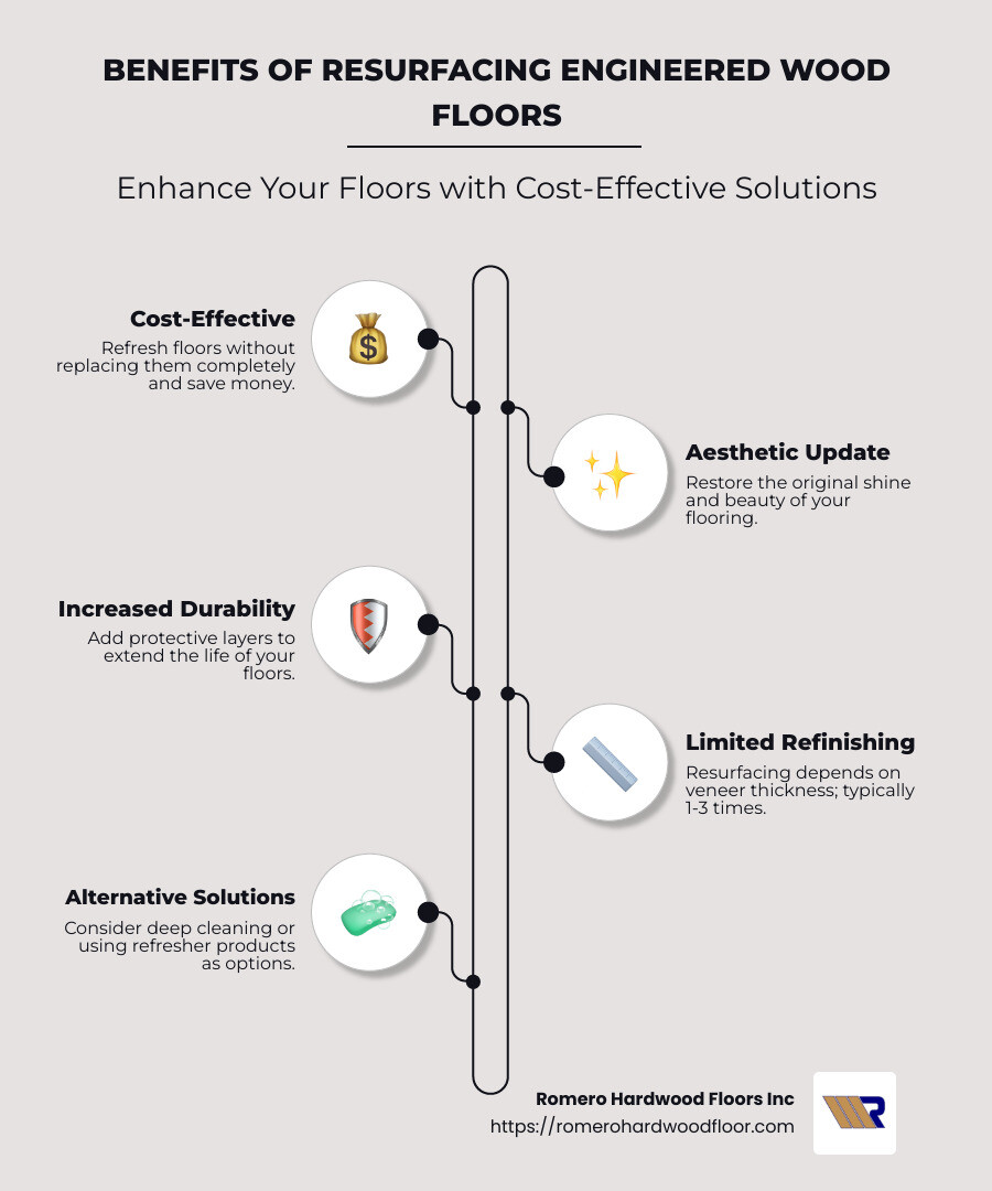Benefits of Resurfacing Engineered Wood Floors Infographic - Cost-effective, aesthetic refresh, increased durability, limited refinishing based on veneer thickness - resurfacing engineered wood floors infographic infographic-line-5-steps-neat_beige
