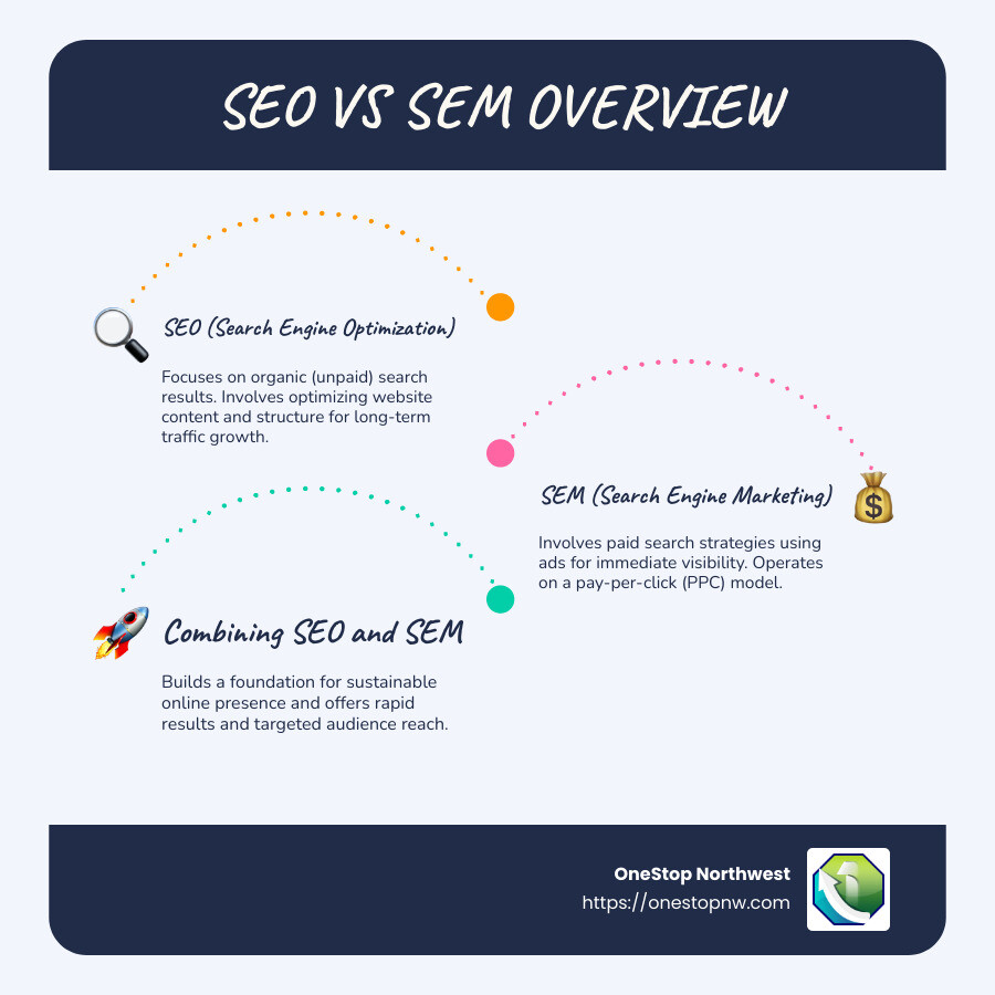 SEO vs SEM Overview - seo and sem marketing infographic infographic-line-3-steps-blues-accent_colors