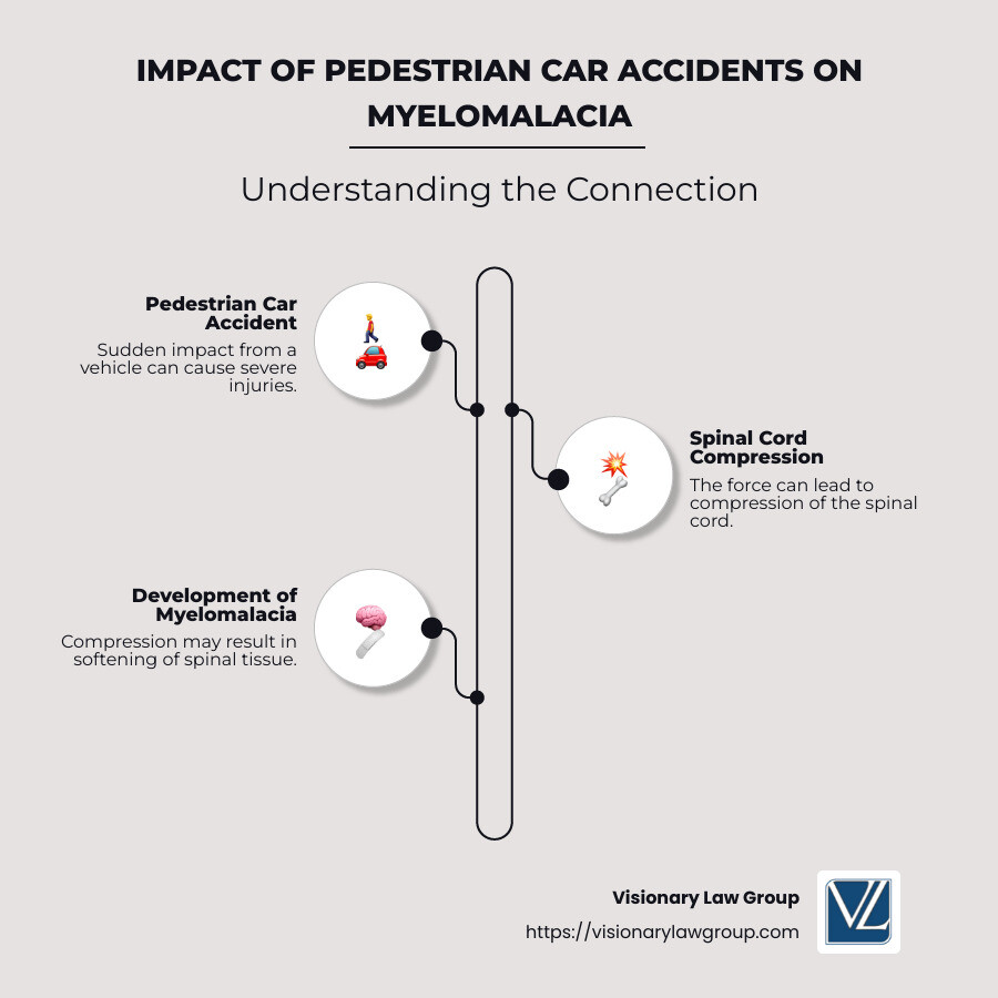 infographic illustrating the links between pedestrian accidents, spinal cord compression, and myelomalacia, with diagrams showing a car, a pedestrian, and the spinal cord. - can a pedestrian car accident cause myelomalacia infographic infographic-line-3-steps-neat_beige