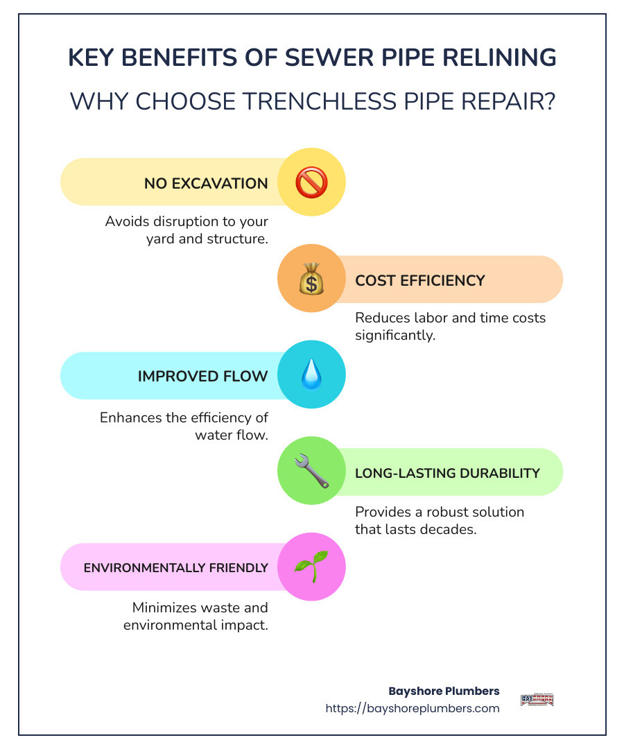 Infographic showing key benefits of sewer pipe lining including no excavation, cost efficiency, and long-lasting durability. - sewer pipe relining infographic infographic-line-5-steps-colors