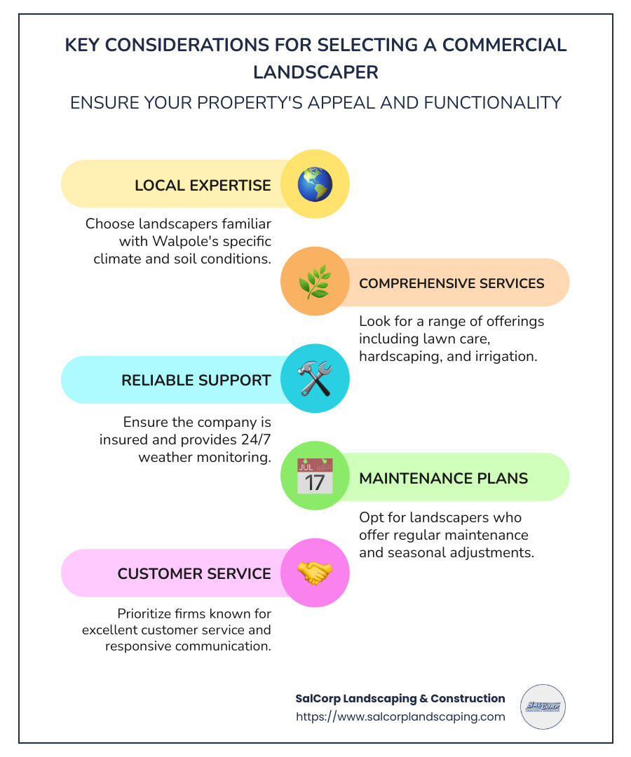 Infographic illustrating key considerations for selecting a commercial landscaper, such as expertise, services, and support - Commercial Landscaper Walpole Massachusetts infographic infographic-line-5-steps-colors