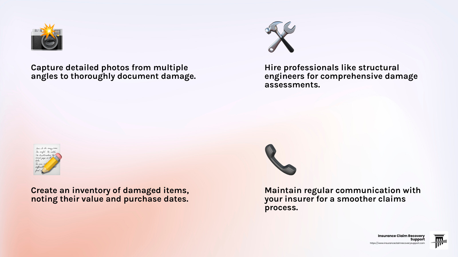 Comprehensive documentation is key to a successful claim process. - large loss claims handling infographic 4_facts_emoji_light-gradient