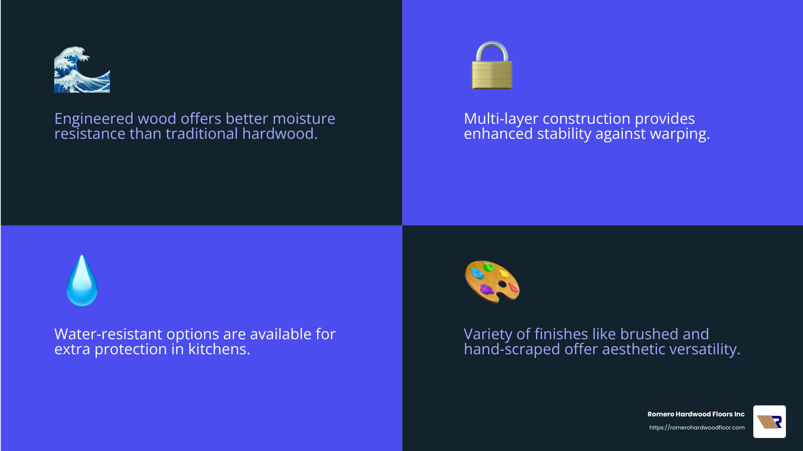 Engineered wood flooring resists kitchen spills better than traditional hardwood. - best engineered wood flooring for kitchen infographic 4_facts_emoji_blue