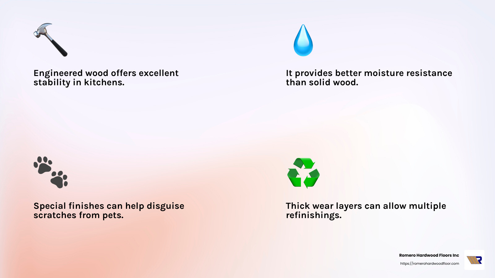 Engineered wood floors offer a balance of durability and aesthetic appeal, but require careful consideration of water exposure and refinishing needs. - best engineered wood flooring for kitchen infographic 4_facts_emoji_light-gradient