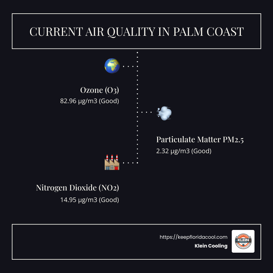 Infographic illustrating the 'Good' air quality levels and key pollutants in Palm Coast - Air quality Palm Coast FL infographic infographic-line-3-steps-dark