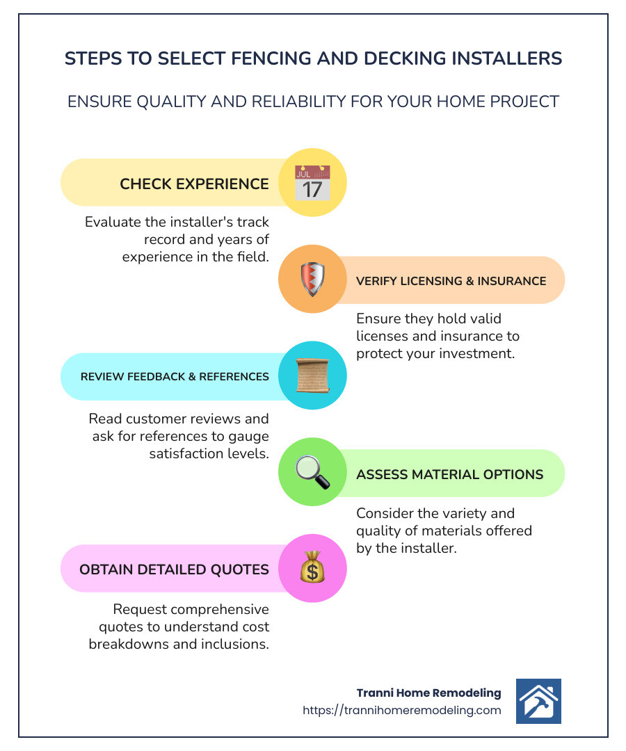 Steps to select fencing and decking installers: Experience, Licensing, Reviews, Material options, Quotes - fencing and decking installers near me infographic infographic-line-5-steps-colors