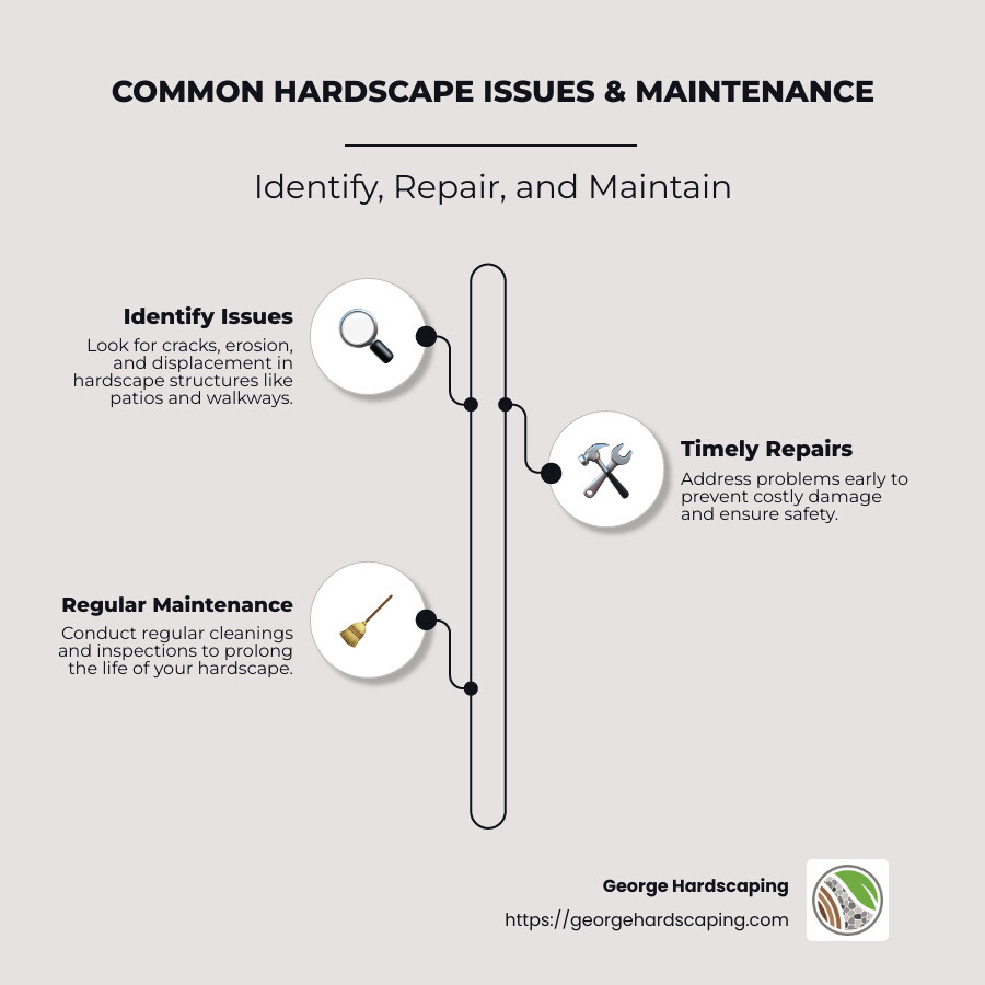 Infographic showing common hardscape issues, repair tips, and maintenance importance - hardscape repair near me infographic infographic-line-3-steps-neat_beige