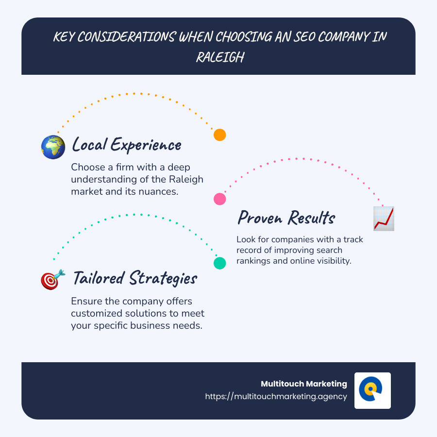 Key considerations when choosing an SEO company in Raleigh: local experience, proven results, custom strategies, customer support expertise - seo company raleigh north carolina infographic infographic-line-3-steps-blues-accent_colors
