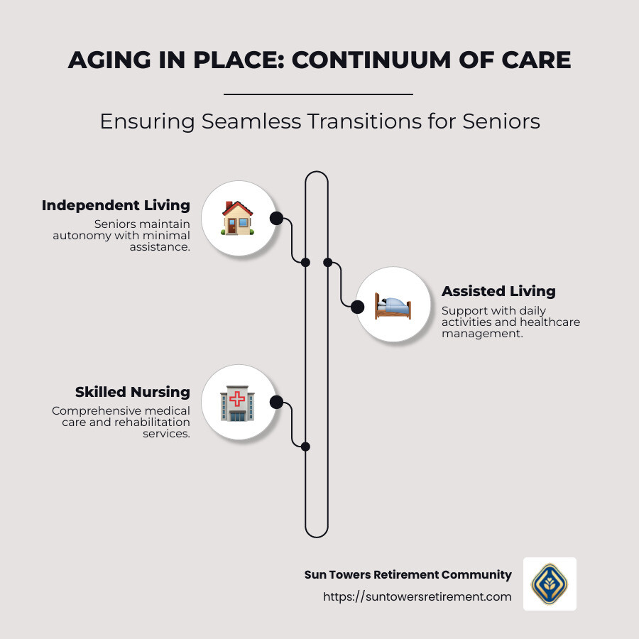 Infographic detailing aging in place and continuum of care - Healthcare for seniors infographic infographic-line-3-steps-neat_beige
