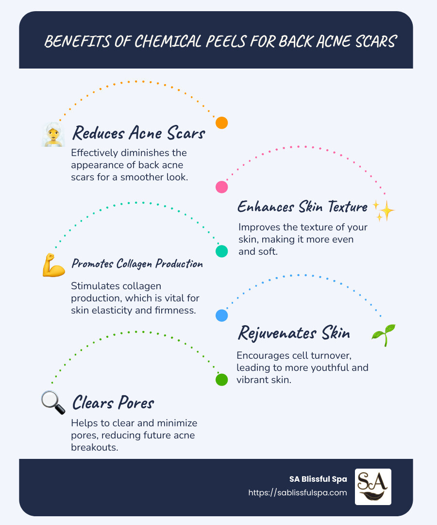 Infographic highlighting the benefits of chemical peels for back acne scars, including skin smoothing and rejuvenation - chemical peel for back acne scars infographic infographic-line-5-steps-blues-accent_colors