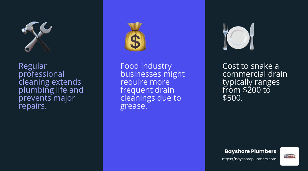 Cost to snake a drain ranges from $200 to $500 - commercial drain cleaning service infographic 3_facts_emoji_blue