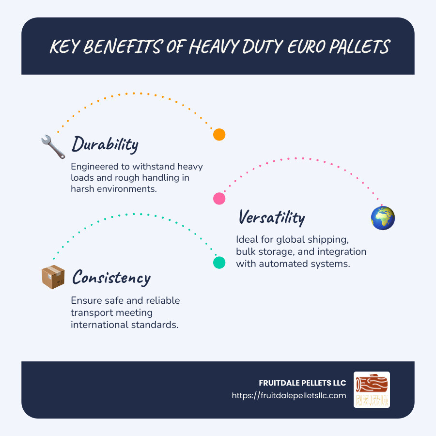 Infographic detailing the strength, materials, and key benefits of heavy duty euro pallets, illustrating durability, versatile applications, and weight capacity suitable for large-scale operations. - heavy duty euro pallets infographic infographic-line-3-steps-blues-accent_colors