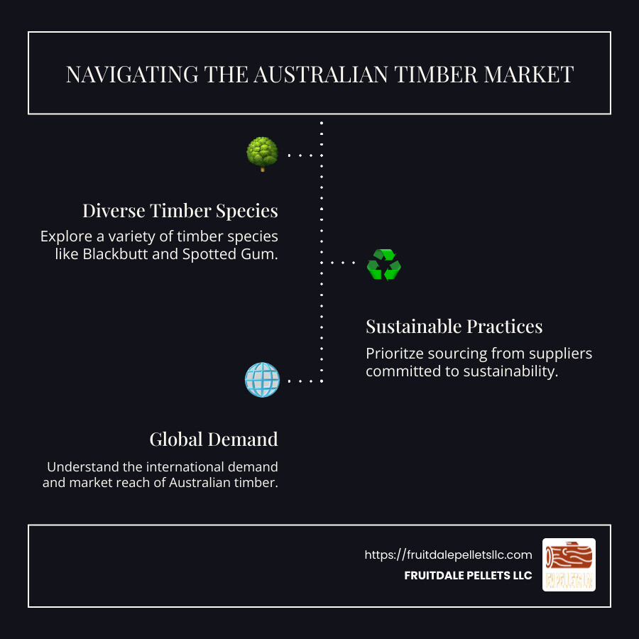 A detailed infographic showing the breakdown of the Australian timber industry, highlighting the major timber species, key supplier regions, sustainability practices, and market export statistics. - timber supplies Australia infographic infographic-line-3-steps-dark