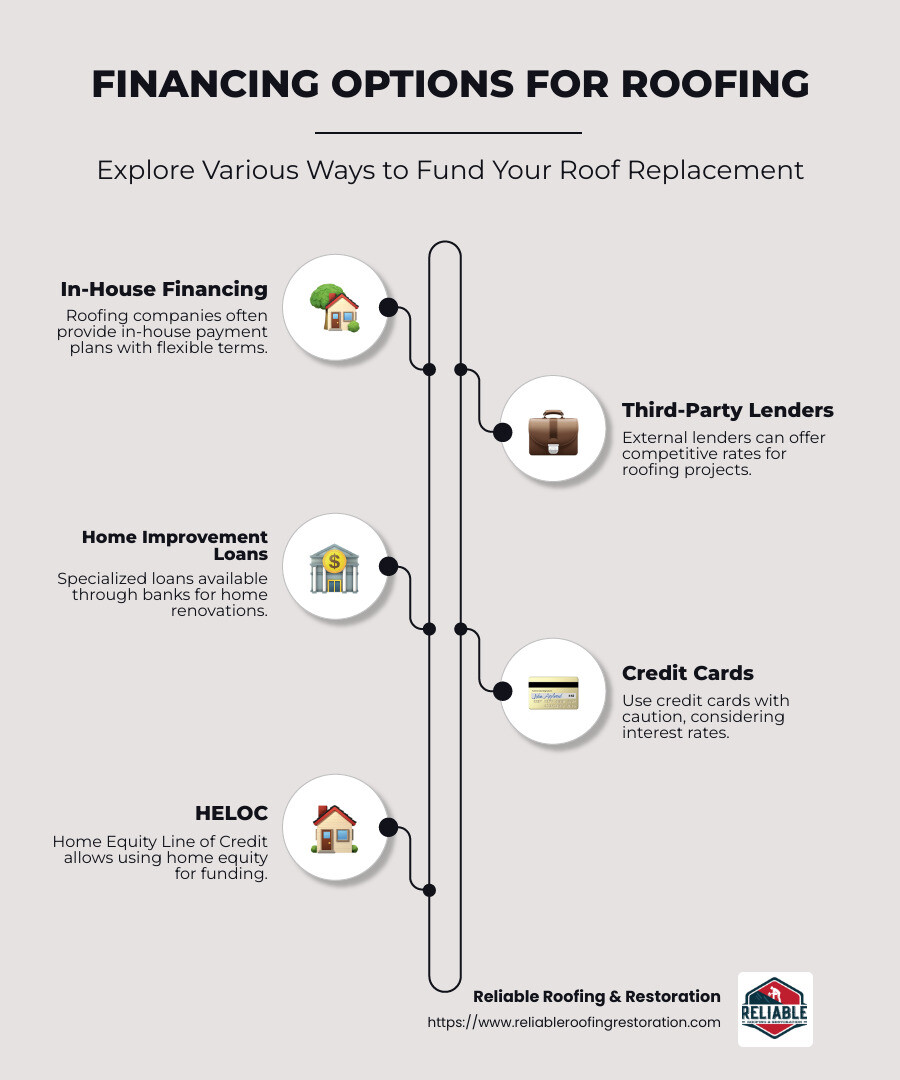 Detailed infographic explaining different financing options provided by roofing companies, including in-house payment plans, third-party lenders, and potential interest rates. It presents key points like flexibility, interest savings, and availability in the Houston area. - do roofing companies finance infographic infographic-line-5-steps-neat_beige