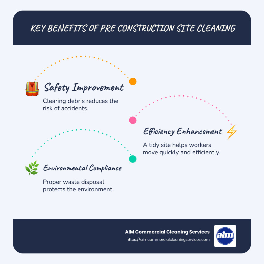 infographic showing key benefits and steps of pre construction site cleaning including safety improvement, efficiency improvement, inspection preparation, and environmental compliance - Pre construction site cleaning infographic infographic-line-3-steps-blues-accent_colors