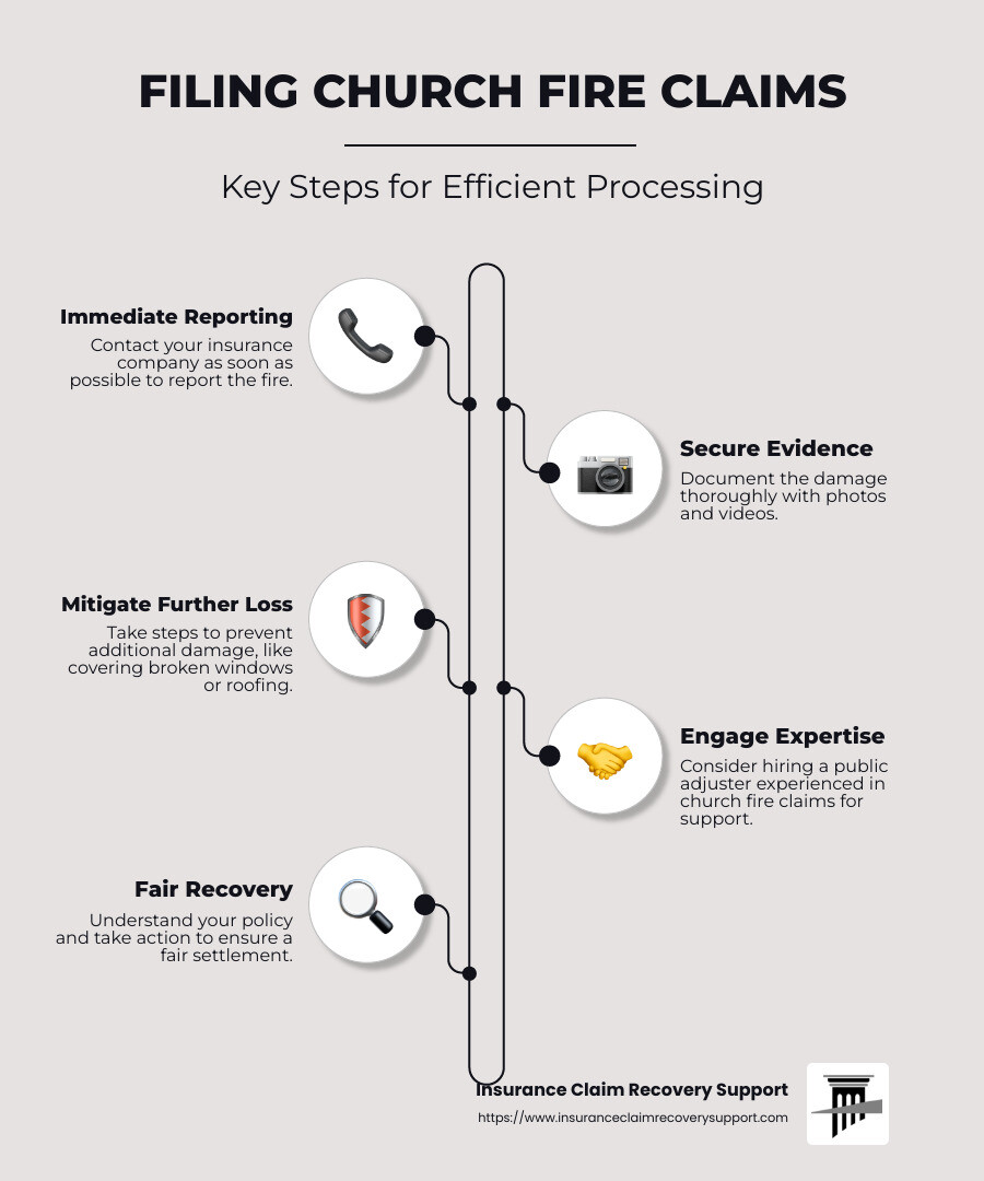 Infographic detailing the key steps in filing church fire claims efficiently, featuring a timeline of actions such as immediate reporting, evidence collection, and mitigation measures - church fire claims infographic infographic-line-5-steps-neat_beige