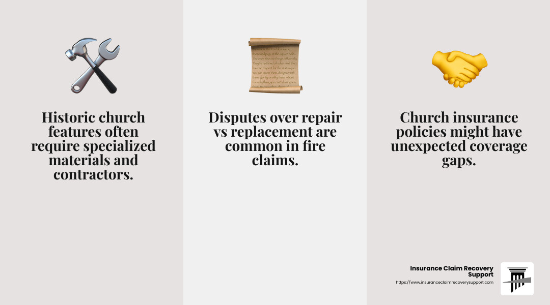 Insurance disputes can lead to underpayments and delays - church fire claims infographic 3_facts_emoji_grey