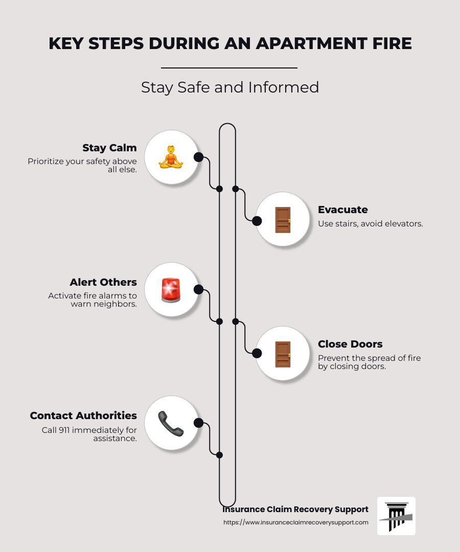 Key steps during an apartment fire - apartment building fire infographic infographic-line-5-steps-neat_beige