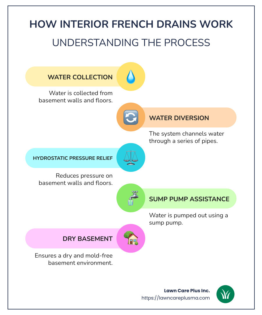 Illustration of French drain inside basement setup showing drainage pipes and water flow direction - french drain inside basement infographic infographic-line-5-steps-colors