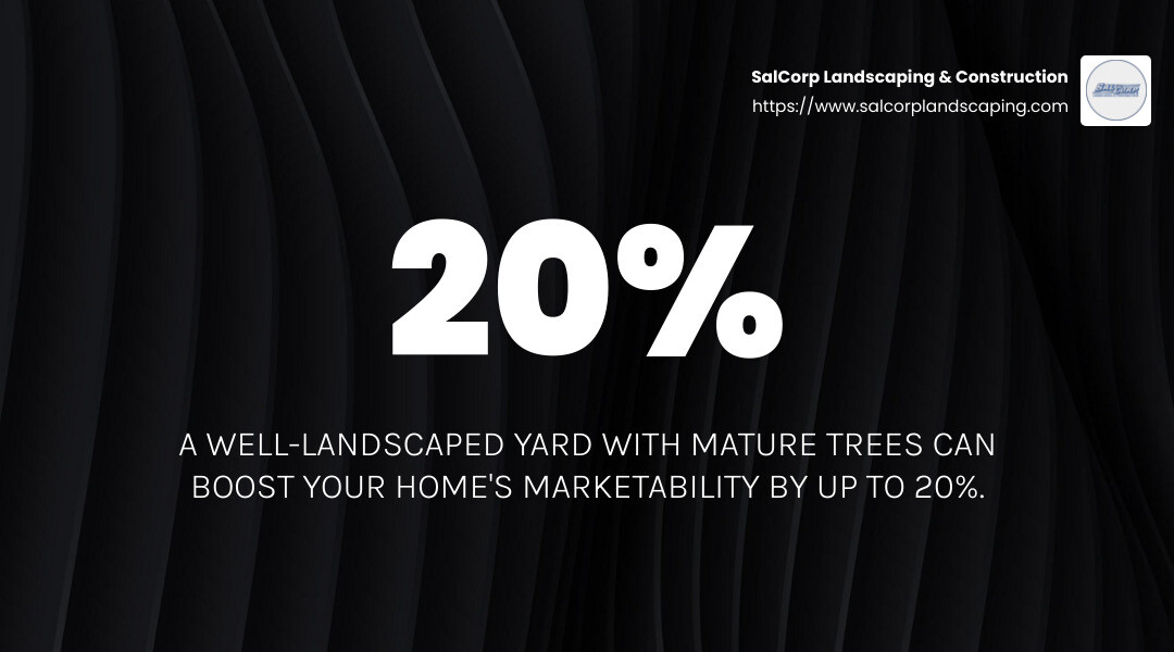 A beautiful yard can boost your home's marketability by up to 20% - tree landscaping infographic simple-stat-landscape-dark