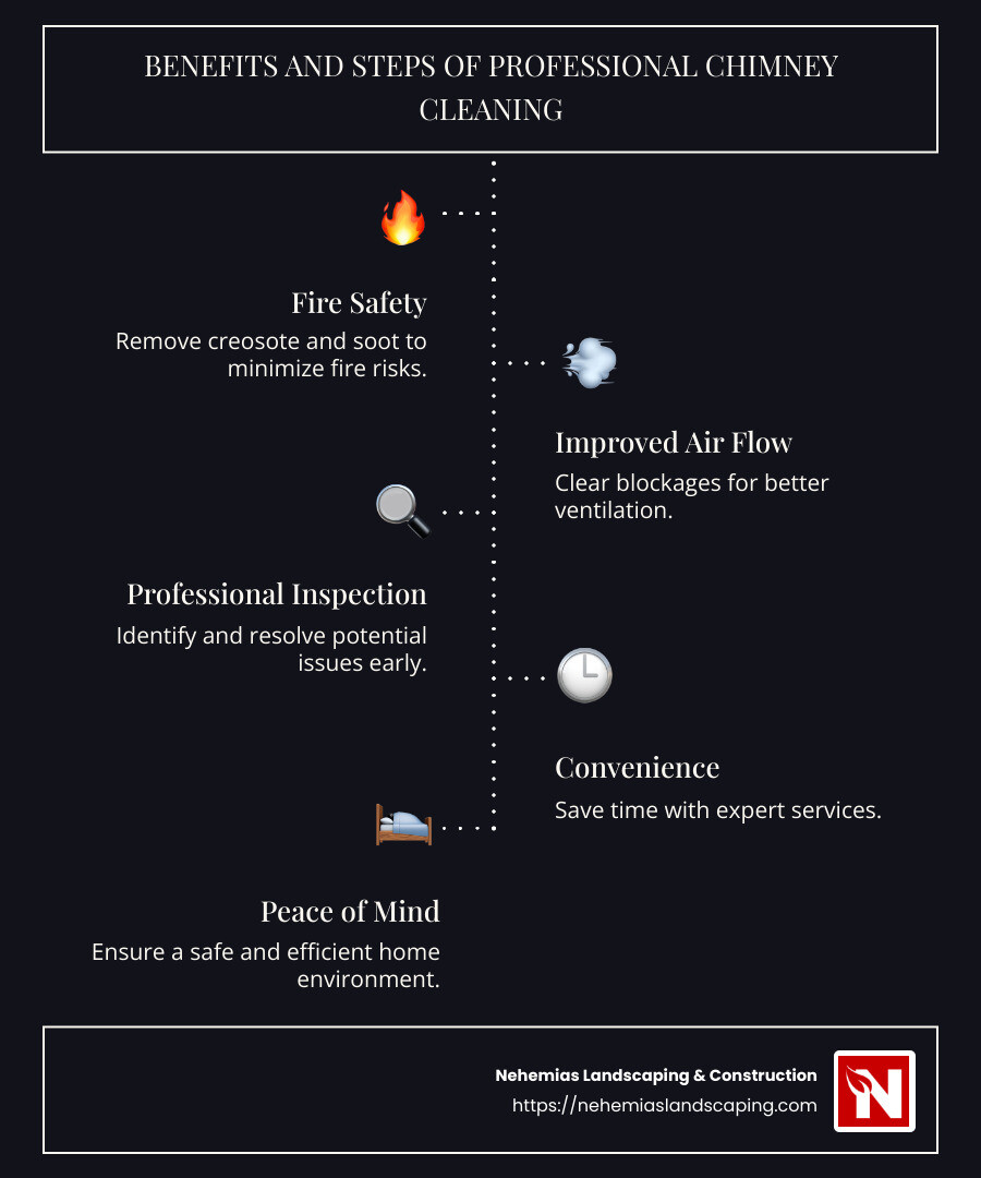 Infographic detailing benefits and steps of professional chimney cleaning services in Fitchburg MA, including fire safety, improved air flow, and expert inspection - chimney cleaning fitchburg ma infographic infographic-line-5-steps-dark Infographic detailing benefits and steps of professional chimney cleaning services in Fitchburg MA, including fire safety, improved air flow, and expert inspection - chimney cleaning fitchburg ma infographic infographic-line-5-steps-dark